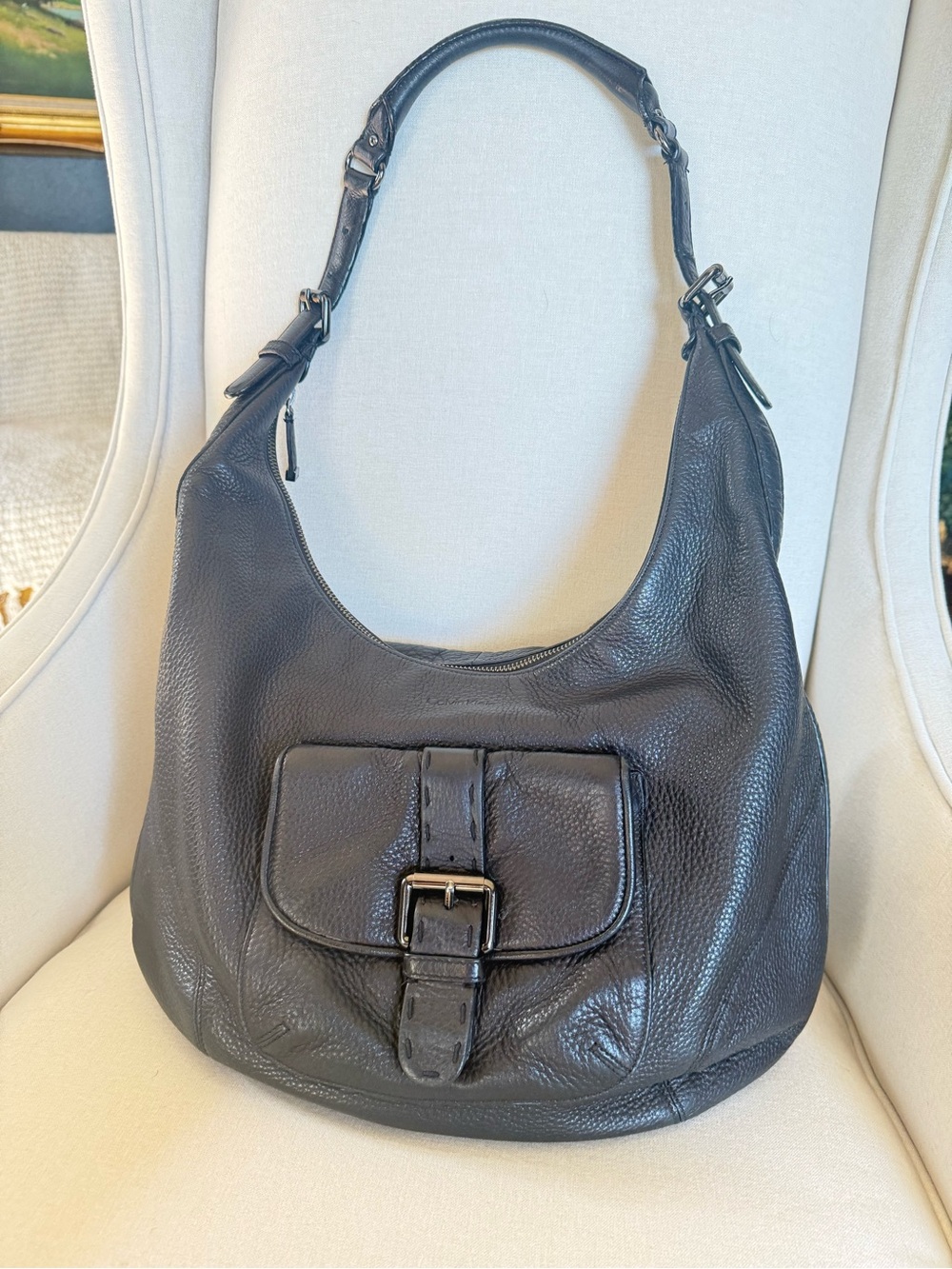 Calvin Klein Black Pebbled Leather Large Slouchy Hobo Bag Buckle Pocket